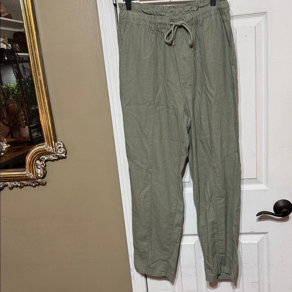 Linen Blend Drawstring Waist Sage Olive Green Pants
